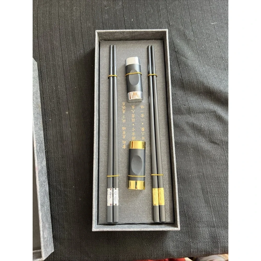 Black Wood Chopsticks Set 2 Pairs Gold‎ Silver Scroll Design with Rests Gift Box